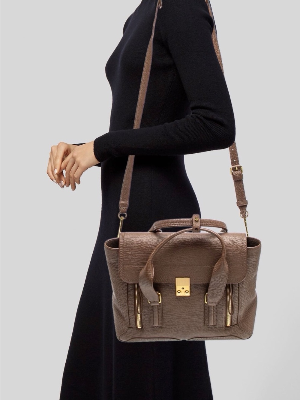 3.1 PHILLIP LI  Classic Taupe Leather Satchel Handbag with Gold Hardware